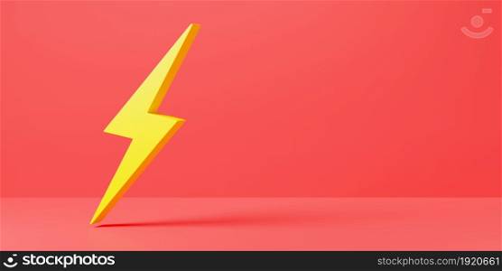 Lightning Icon, electric power element logo, Energy or thunder electricity symbol on red background, Lightning bolt sign, electric light web design concept, 3D rendering illustration