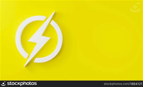 Lightning Icon, electric power element logo in circle, Energy or thunder electricity symbol on yellow background, Lightning bolt sign, electric light web design concept, 3D rendering illustration