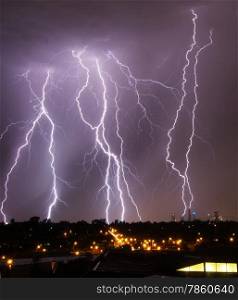Lightning over city skyline. Lightning strikes over Melbourne city skyline