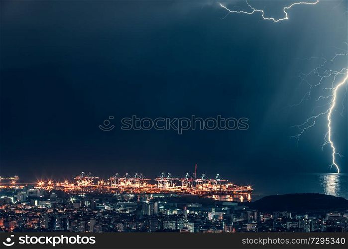 Lightning over night city, beautiful magical nighttime cityscape near the sea, lightning strikes, Beirut, Lebanon