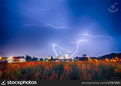 lightning thunder bolts over charlotte skyline