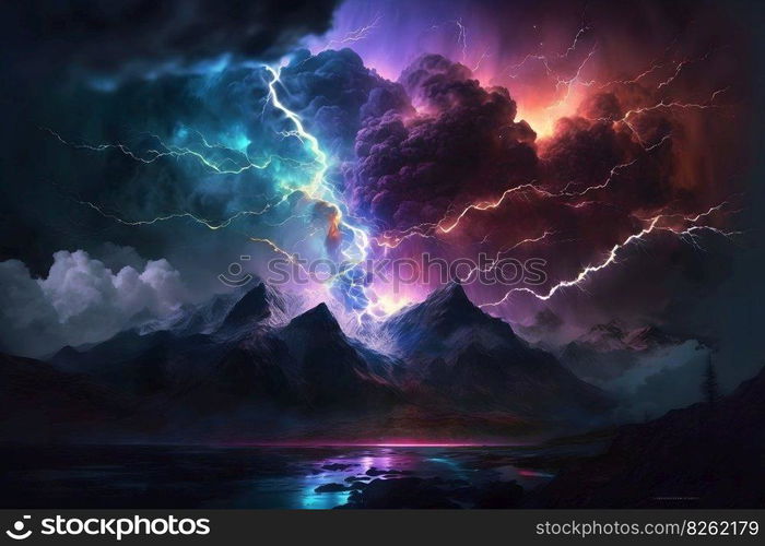 Lightning with colorful dramatic clouds. Neural network AI generated art. Lightning with colorful dramatic clouds. Neural network AI generated