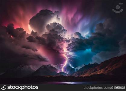 Lightning with colorful dramatic clouds. Neural network AI generated art. Lightning with colorful dramatic clouds. Neural network AI generated