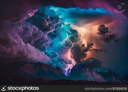 Lightning with colorful dramatic clouds. Neural network AI generated art. Lightning with colorful dramatic clouds. Neural network AI generated