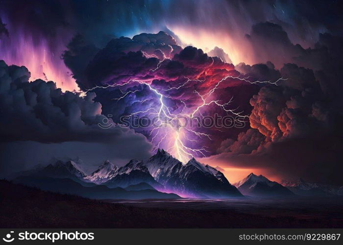 Lightning with colorful dramatic clouds. Neural network AI generated art. Lightning with colorful dramatic clouds. Neural network AI generated