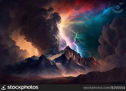 Lightning with colorful dramatic clouds. Neural network AI generated art. Lightning with colorful dramatic clouds. Neural network AI generated