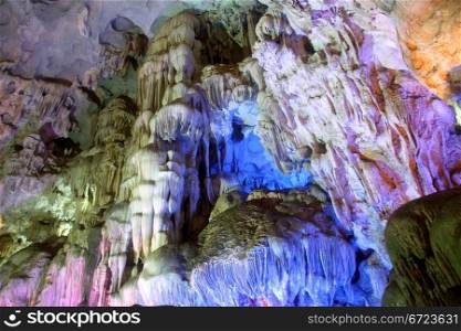 Lights and colors in Thieng Kung cave, Halong bay, Thailand
