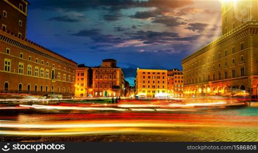 Lights in Venice square in Rome, Italy. Venice square in Italy
