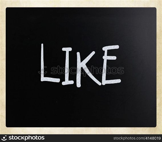 ""Like" handwritten with white chalk on a blackboard"