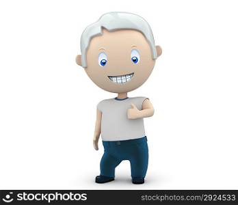 Like it! Social 3D characters: happy smiling man wearing jeans and t-shirt showing big finger. New constantly growing collection of expressive unique multiuse people images. Isolated.