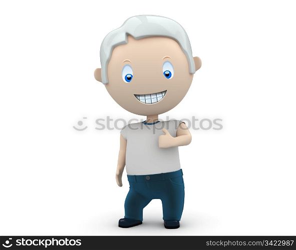 Like it! Social 3D characters: happy smiling man wearing jeans and t-shirt showing big finger. New constantly growing collection of expressive unique multiuse people images. Concept for social like illustration. Isolated.