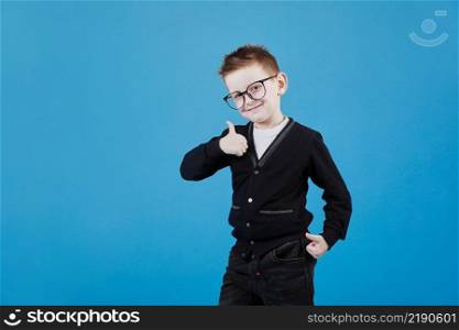 Like. Portrait of happy little schoolboy with glasses smiling at camera and doing thumbs up gesture, showing agree cool approval sign. indoor studio shot isolated on blue background.. Like. Portrait of happy little schoolboy with glasses smiling at camera and doing thumbs up gesture, showing agree cool approval sign. indoor studio shot isolated on blue background