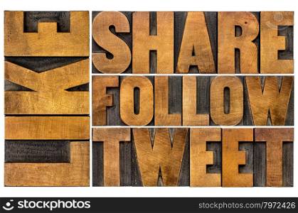 like, share, tweet, follow word abstract - social media concept - isolated text in vintage letterpress wood type printing blocks