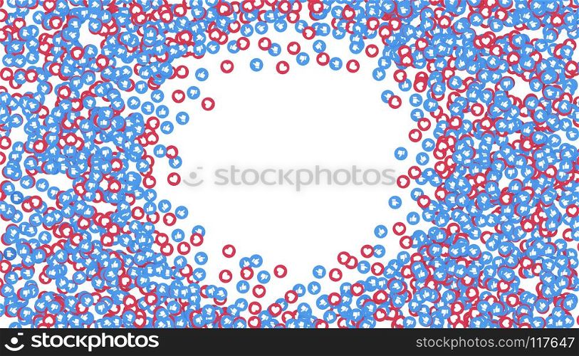 Like, thumb up, blue icons and hearts on Facebook isolated on white background. Social media network marketing. Application advertising. 3d abstract illustration