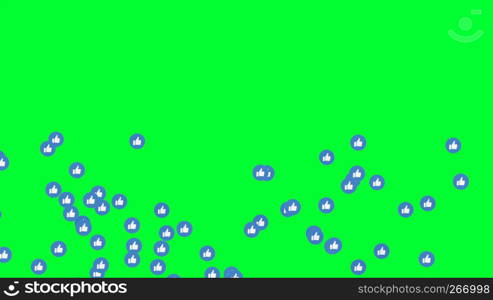 Like, thumb up, blue icons on Facebook live video isolated on green background. Social media network marketing. Application advertising. 3d abstract illustration