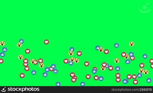 Like, thumb up, blue icons, wow reaction icon, and hearts on Facebook live video isolated on green background. Social media network marketing. Application advertising. 3d abstract illustration