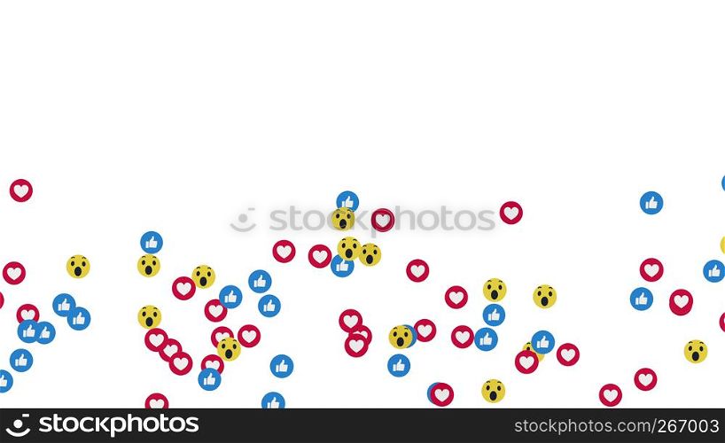 Like, thumb up, blue icons, wow reaction icon, and hearts on Facebook live video isolated on white background. Social media network marketing. Application advertising. 3d abstract illustration