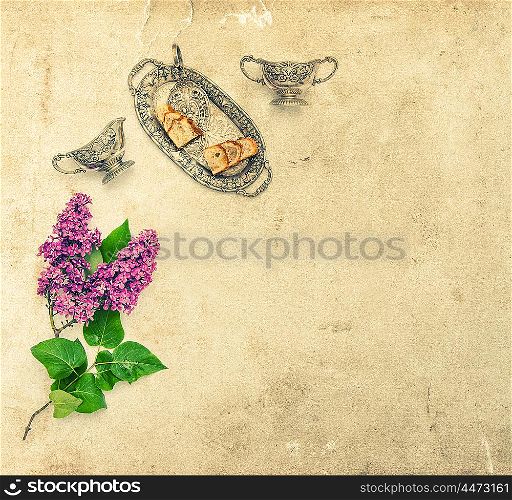 Lilac flowers bouquet. Coffee tea pie silver dishes. Flat lay background. Vintage style toned picture with paper texture