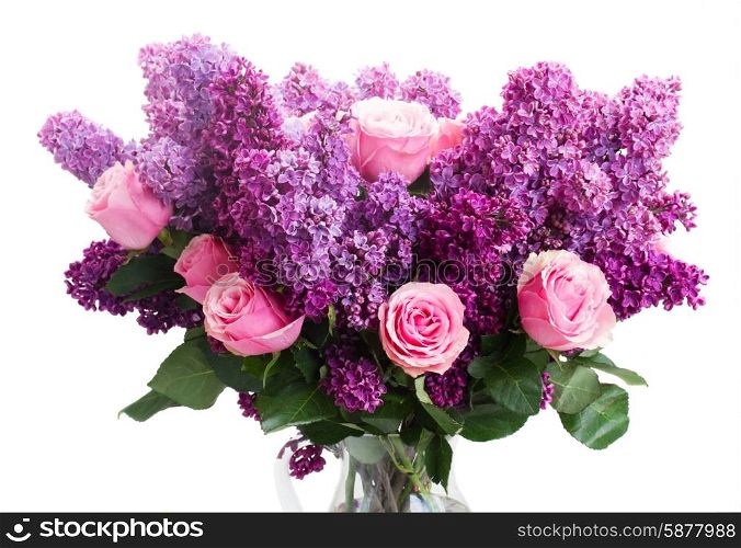 Lilac flowers. Bunch of purple Lilac flowers with pink roses isolated on white background
