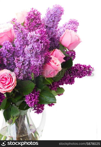 Lilac flowers. Fresh Lilac flowers with pink roses isolated on white background