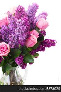 Lilac flowers. Fresh Lilac flowers with pink roses isolated on white background