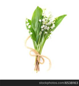 Lilies of the valley. Bouquet of white flowers lilies of the valley with ribbon isolated on white background