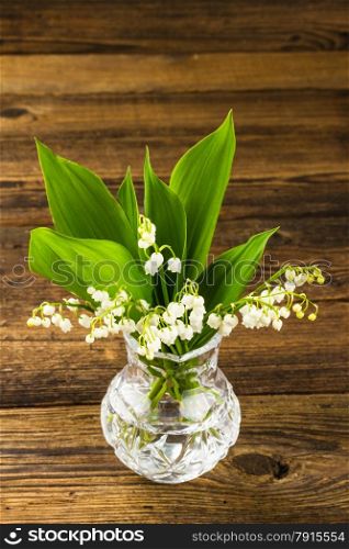 lilies of the valley in flowerpot on wooden background