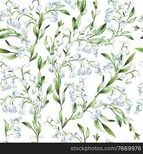 Lily of the valley flowers  watercolor illustration print pattern. Lily of the valley watercolor illustration print pattern