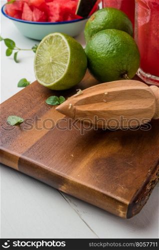 Lime and mint on watermelon smoothies preparation set