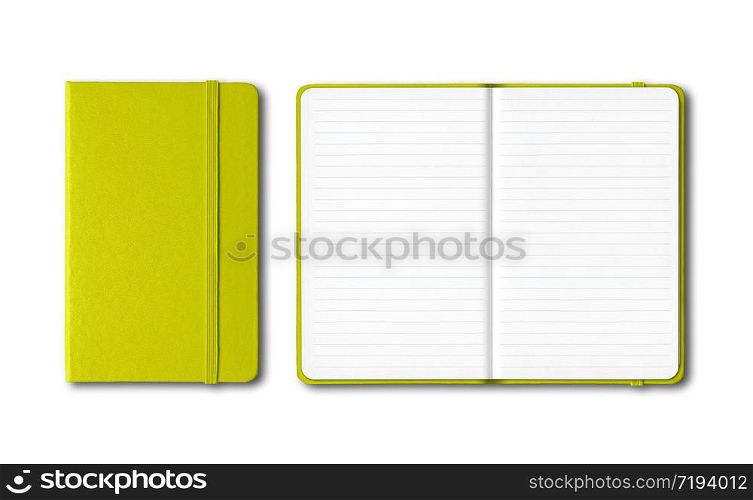 Lime green closed and open lined notebooks mockup isolated on white. Lime green closed and open lined notebooks isolated on white