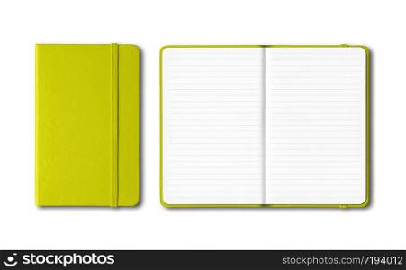 Lime green closed and open lined notebooks mockup isolated on white. Lime green closed and open lined notebooks isolated on white