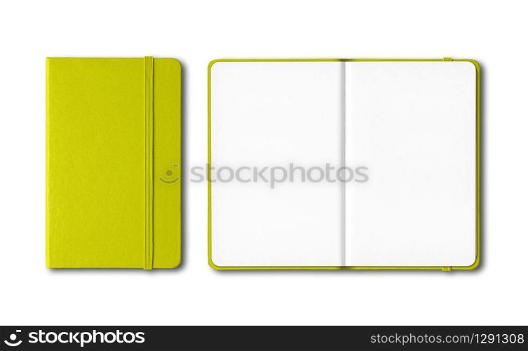 Lime green closed and open notebooks mockup isolated on white. Lime green closed and open notebooks isolated on white
