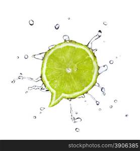 Lime in shape of dialog box with water drops isolated on white