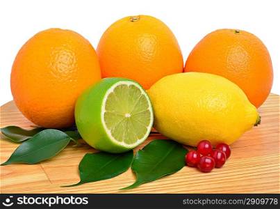 Lime, lemon, orange and cranberry with green leaves isolated on white background