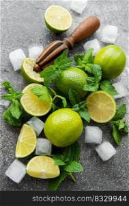 Lime, mint and ice on a dark background. The ingredients for making refreshing drinks and cocktails.