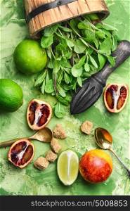 lime,mint and orange. ingredients for summer refreshing drink of lime,mint and orange