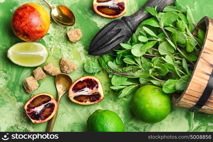 lime,mint and orange. ingredients for summer refreshing drink of lime,mint and orange