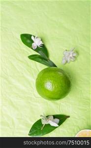 lime with leaves and flowers on green background. flat lay. close up