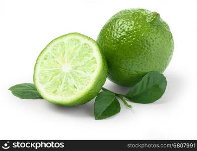 lime with slices and leaf isolated on white background with clipping path
