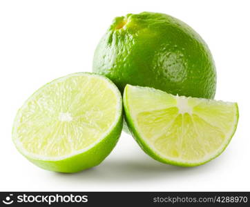 Lime with slices isolated on white background