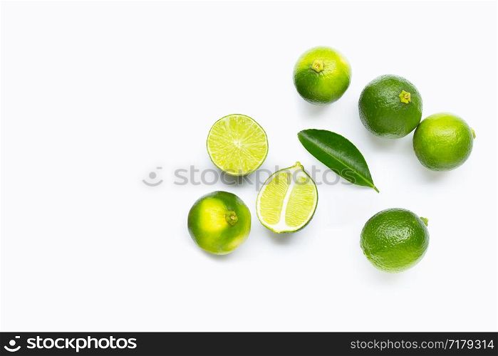 Limes isolated on white background. Copy space