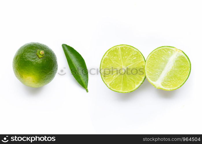 Limes with leaf isolated on white background.