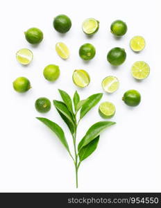 Limes with leaves isolated on white background.