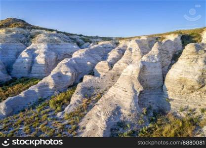 limestone erosion forms at Castle Rock in prairie of western Kansas near Quinter (Gove County), late summer aerial view