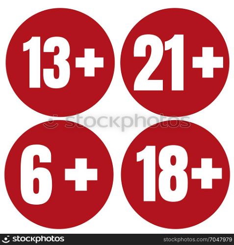 Limit age icon on red background. Icons age limit flat illustration.. Limit age icon on red background. Icons age limit from six to twenty-one, flat illustration.