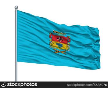 Linares City Flag On Flagpole, Country Chile, Isolated On White Background. Linares City Flag On Flagpole, Chile, Isolated On White Background
