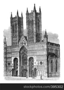Lincoln Cathedral, west facade, vintage engraved illustration. Colorful History of England, 1837.