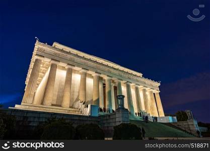 Lincoln Memorial building in Washington DC USA at night sunset.