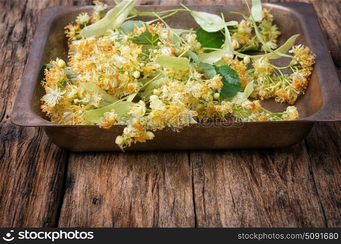 linden leaves and flowers. Petals and linden flowers collected on a wooden old background