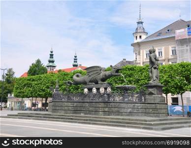 Lindwurmbrunnen (Lindworm Fountain) in Klagenfurt, Austria